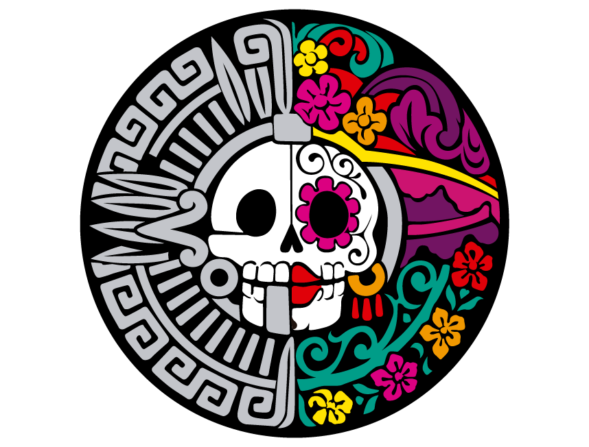 Calavera mexicana de día de muertos, mitad como calendario azteca, mitad con flores