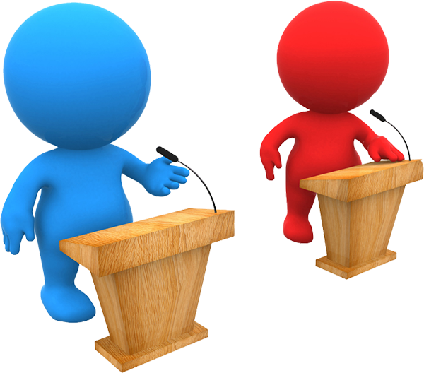Figurillas de dos personas en color azul y rojo frente a un podio para debate