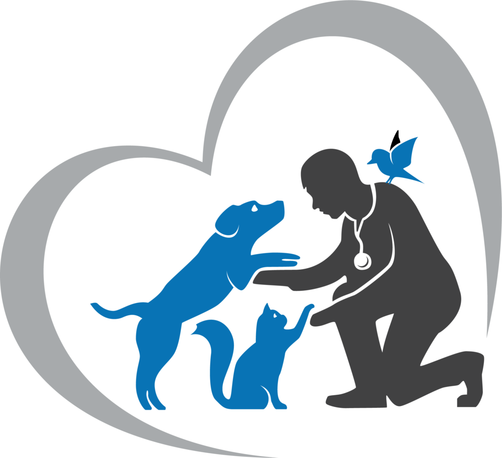 Silueta de un médico veterinario con un perro, un gato, un pájaro en azul y enmarcados en un corazón