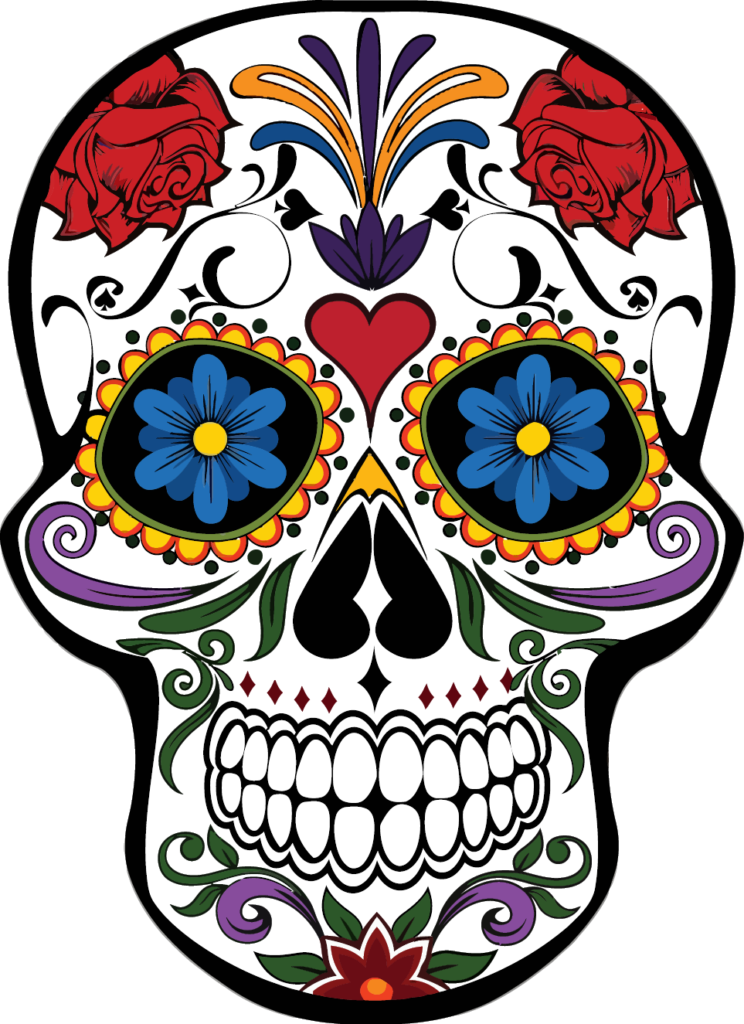 Calavera mexicana adornada con flores y motivos para día de muertos