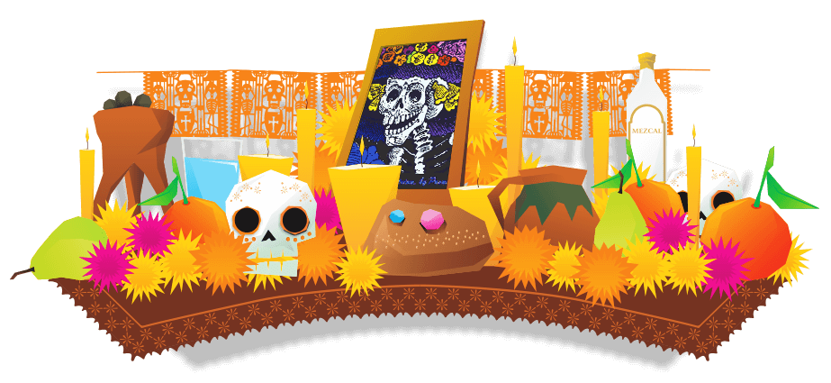 Caricatura de un altar de día de muertos mexicano