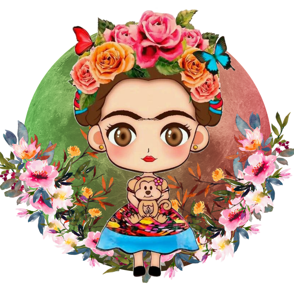 Caricatura de Frida Kahlo con un monito en su regazo rodeada de flores