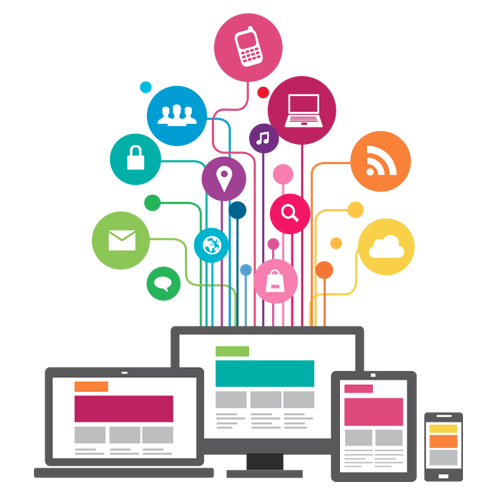 Imagen de dispositivos electrónicos como computadoras o móviles con íconos de los servicios comunes como correo, RSS, llamadas, nube, etc.