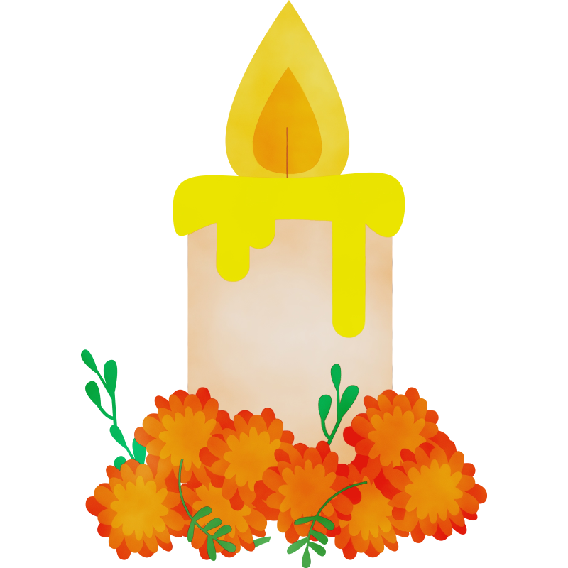 Vela encendida con flores de cempazúchitl en la base