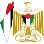 Mapa de Palestina coloreado con su bandera y su escudo que es un águila dorada al lado derecho