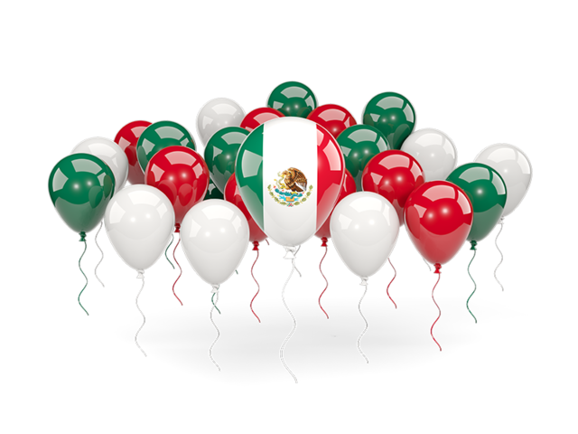 Globos en color verde, blanco y rojo, colores de la bandera de México, globo central con los tres colores y el escudo nacional