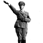 Adolf Hitler realizando el saludo nazi. Foto en blanco y negro, fondo transparente.