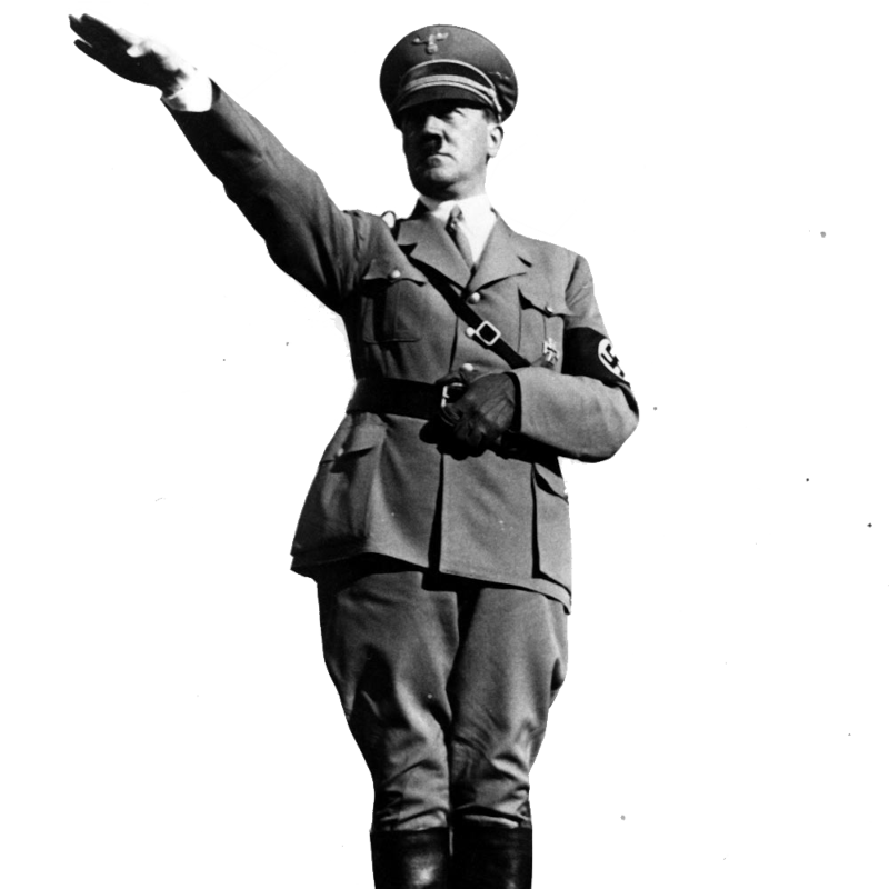Adolf Hitler realizando el saludo nazi. Foto en blanco y negro, fondo transparente.